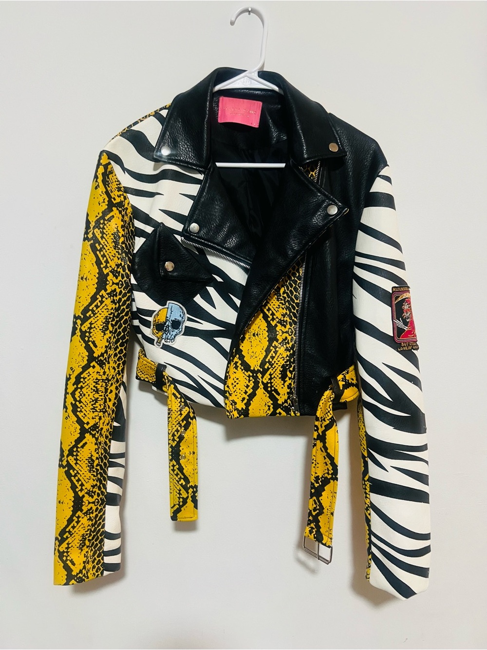 Women's Yellow Snake & Zebra Print Cropped Moto Jacket